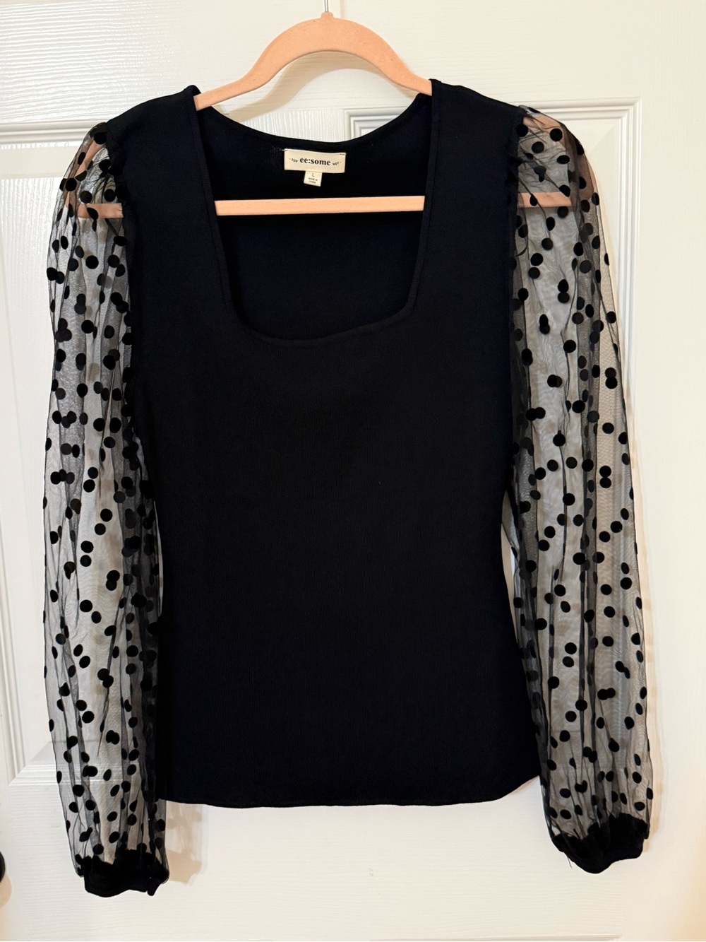 eesome Black Top with Sheer Polka Dot Sleeves- never worn!